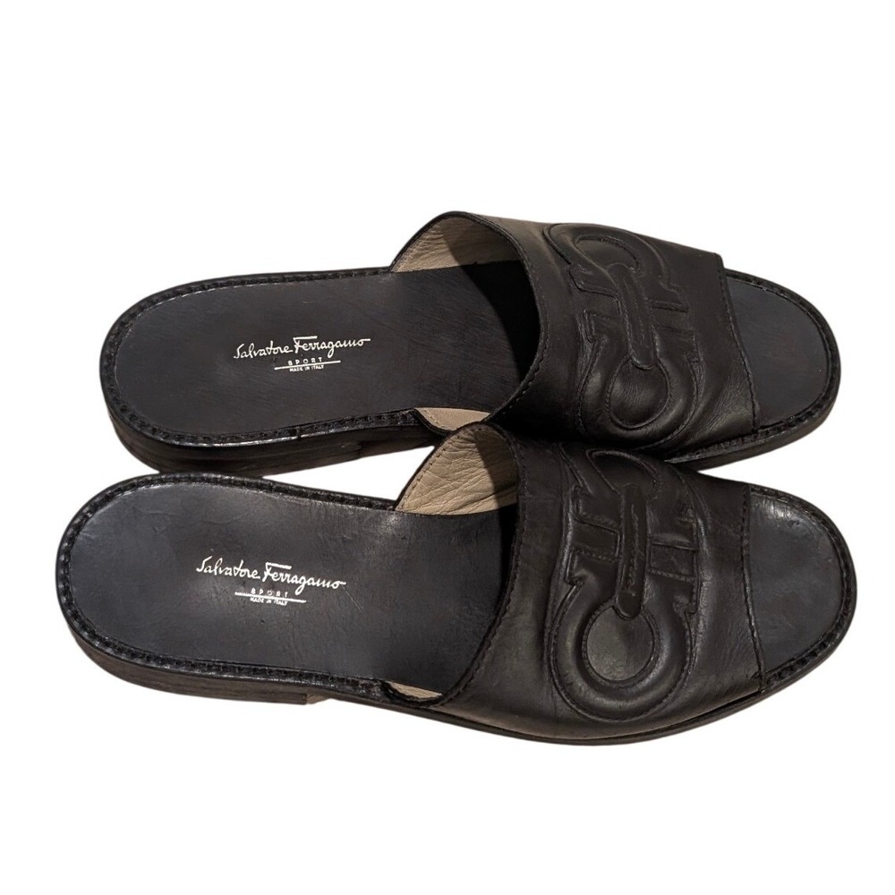 Salvatore Ferragamo Sport Black Leather Gancini Embossed Mule Slide‎ Sandals 6